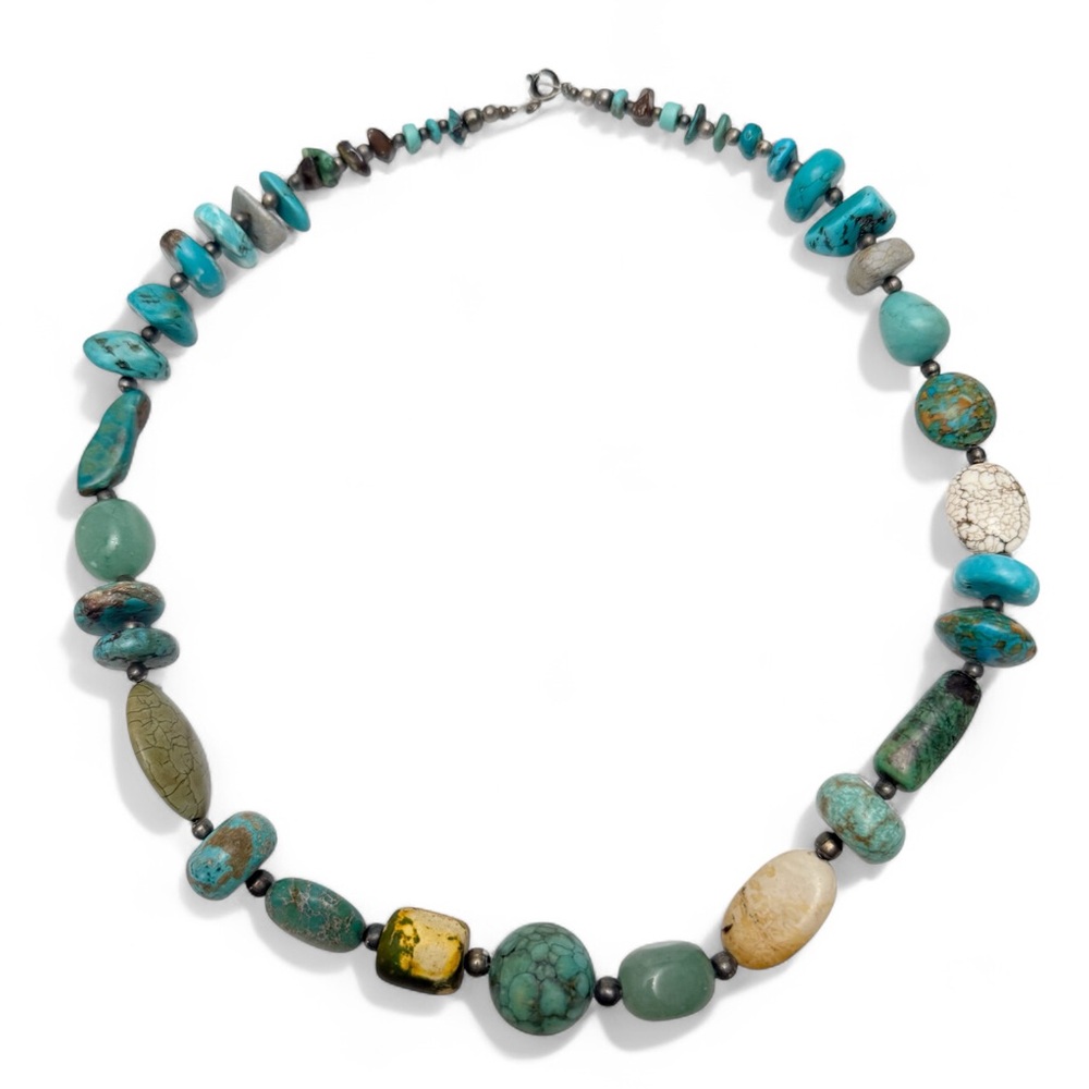 Vintage Graduated Turquoise Chunky Nugget Sterling Silver Beaded Necklace 22”